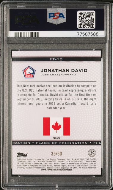 2021-22 Topps UEFA Champions League Flags of Foundation Gold #FF13 Jonathan David #35/50 PSA 9 (Rookie) | Eastridge Sports Cards