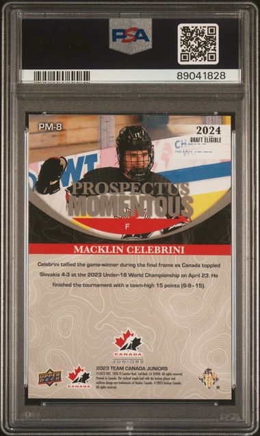 2023-24 Upper Deck Team Canada Juniors Prospectus Momentous Electric Orange #PM8 Macklin Celebrini #75/75 PSA 8 | Eastridge Sports Cards