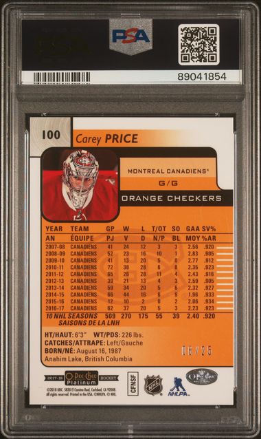 2017-18 O-Pee-Chee Platinum Orange Checkers #100 Carey Price #06/25 PSA 10 | Eastridge Sports Cards