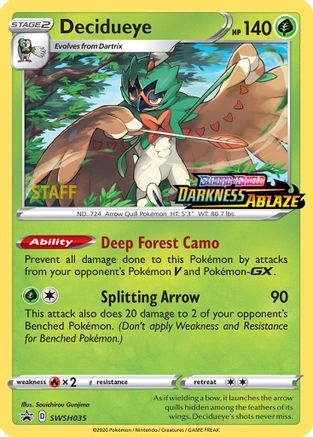 Decidueye - SWSH035 (Prerelease) [Staff] (SWSH035) Holofoil [SWSH Sword & Shield Promo Cards] - Promo