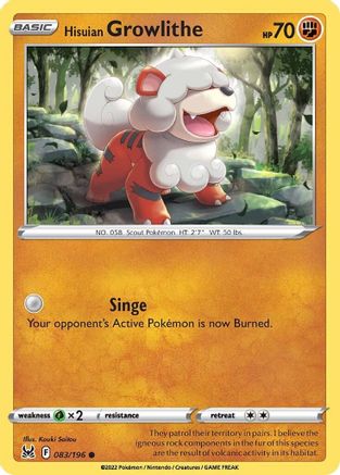 Hisuian Growlithe (083/196) Reverse Holofoil [Lost Origin] - Common