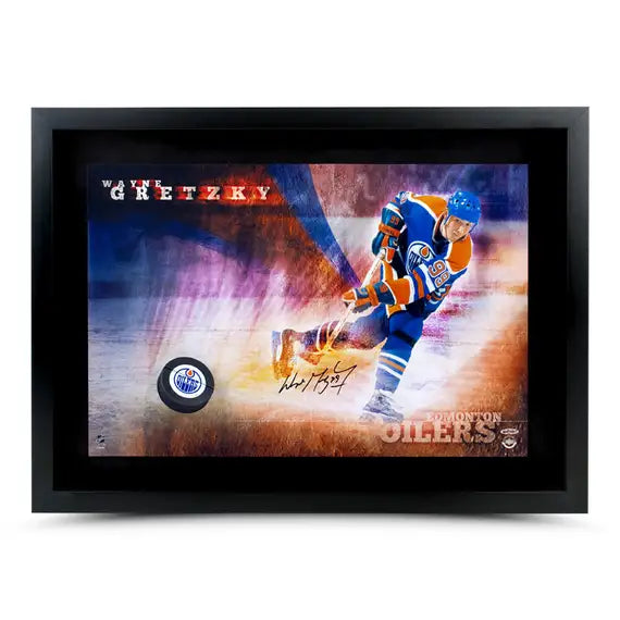 Wayne Gretzky Autographed Edmonton Oilers Slapshot Breaking Through Framed (Upper Deck Authenticated) (Copy)