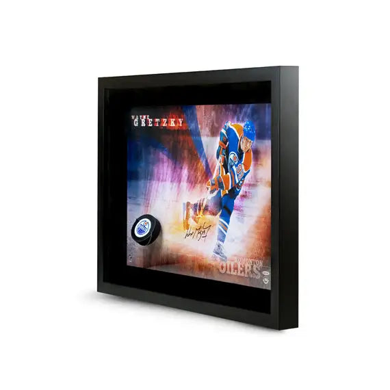 Wayne Gretzky Autographed Edmonton Oilers Slapshot Breaking Through Framed (Upper Deck Authenticated) (Copy)