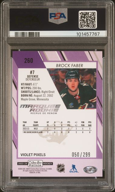 2023-24 O-Pee-Chee Platinum Violet Pixels #260 Brock Faber #050/299 PSA 10 (Rookie)
