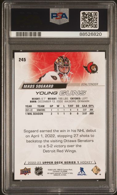 2022-23 Upper Deck Exclusives #245 Mads Sogaard #013/100 PSA 9 (Rookie)