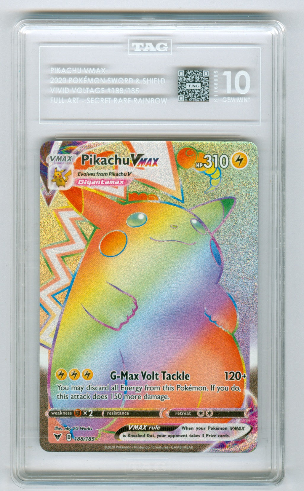 2020 Pokemon Vivid Voltage #188 Pikachu VMax - Full Art Secret Rare Rainbow TAG 10