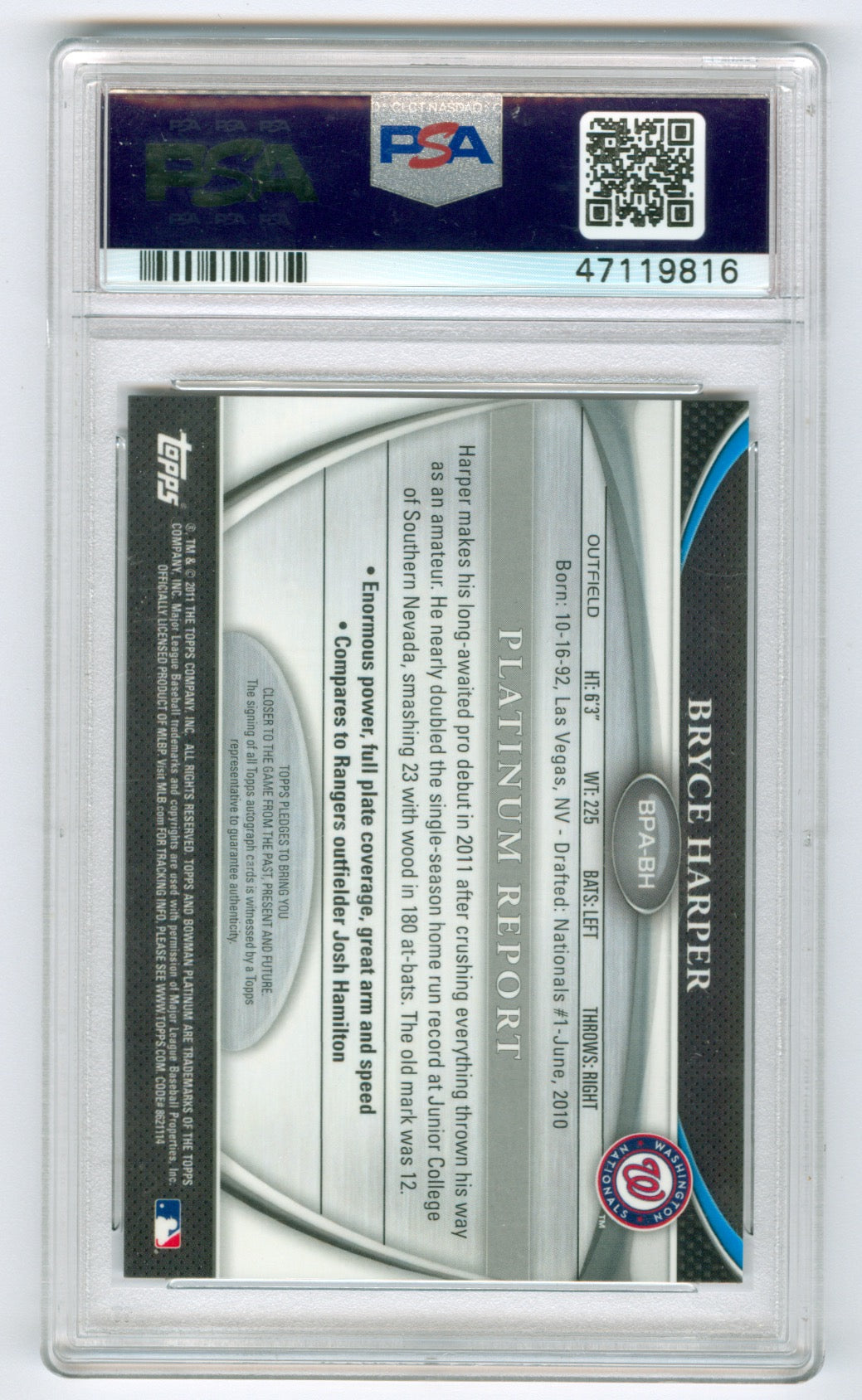 2011 Bowman Platinum Prospect Autograph #BPABH Bryce Harper PSA 9