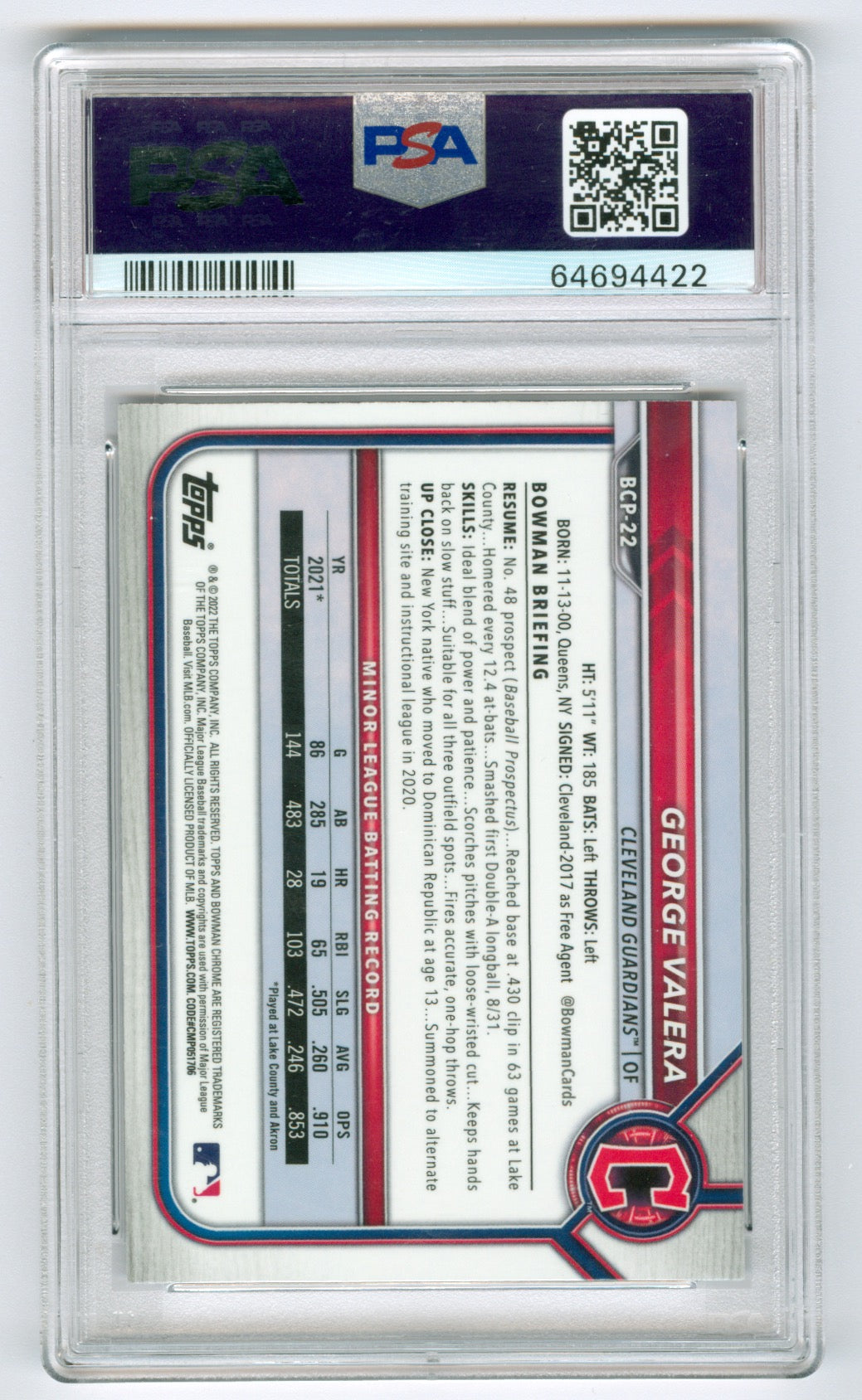 2022 Bowman Chrome Prospects Atomic Refractor #BCP22 George Valera PSA 10
