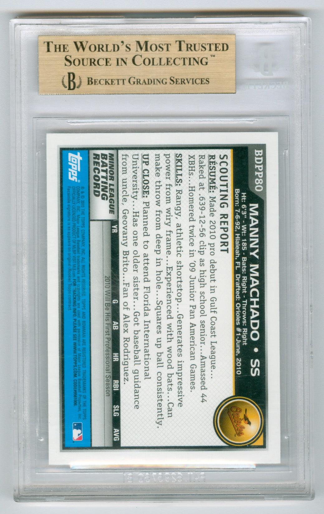 2010 Bowman Draft Prospects #BDPP80 Manny Machado BGS 9.5