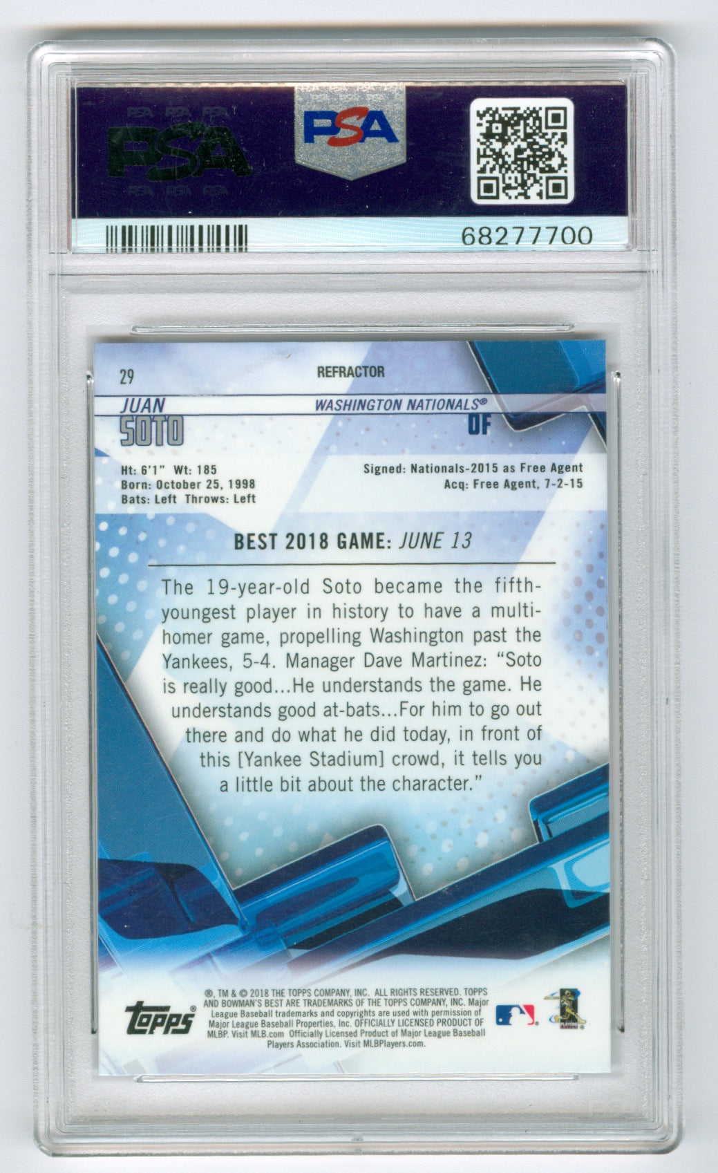 2018 Bowman's Best Refractor #29 Juan Soto PSA 10 (Rookie)
