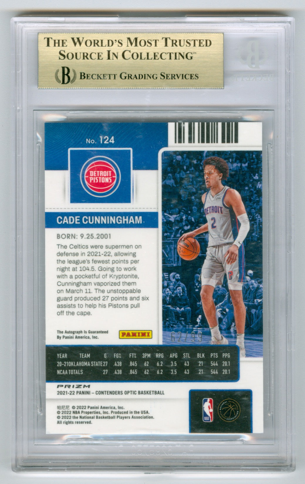 2021-22 Panini Contenders Optic Red #124 Cade Cunningham #62/99 BGS 9.5 (Rookie)