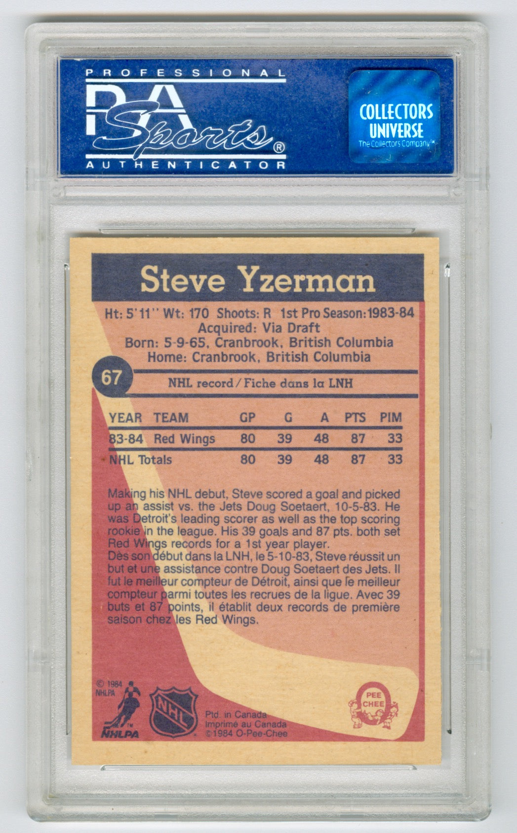 1984-85 O-Pee-Chee #49 Steve Yzerman PSA 9(oc) (Rookie) | Eastridge Sports Cards
