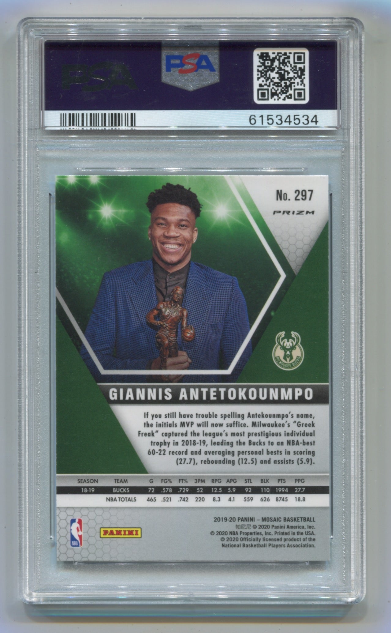 2019-20 Panini Mosaic Genesis #297 Giannis Antetokounmpo PSA 10