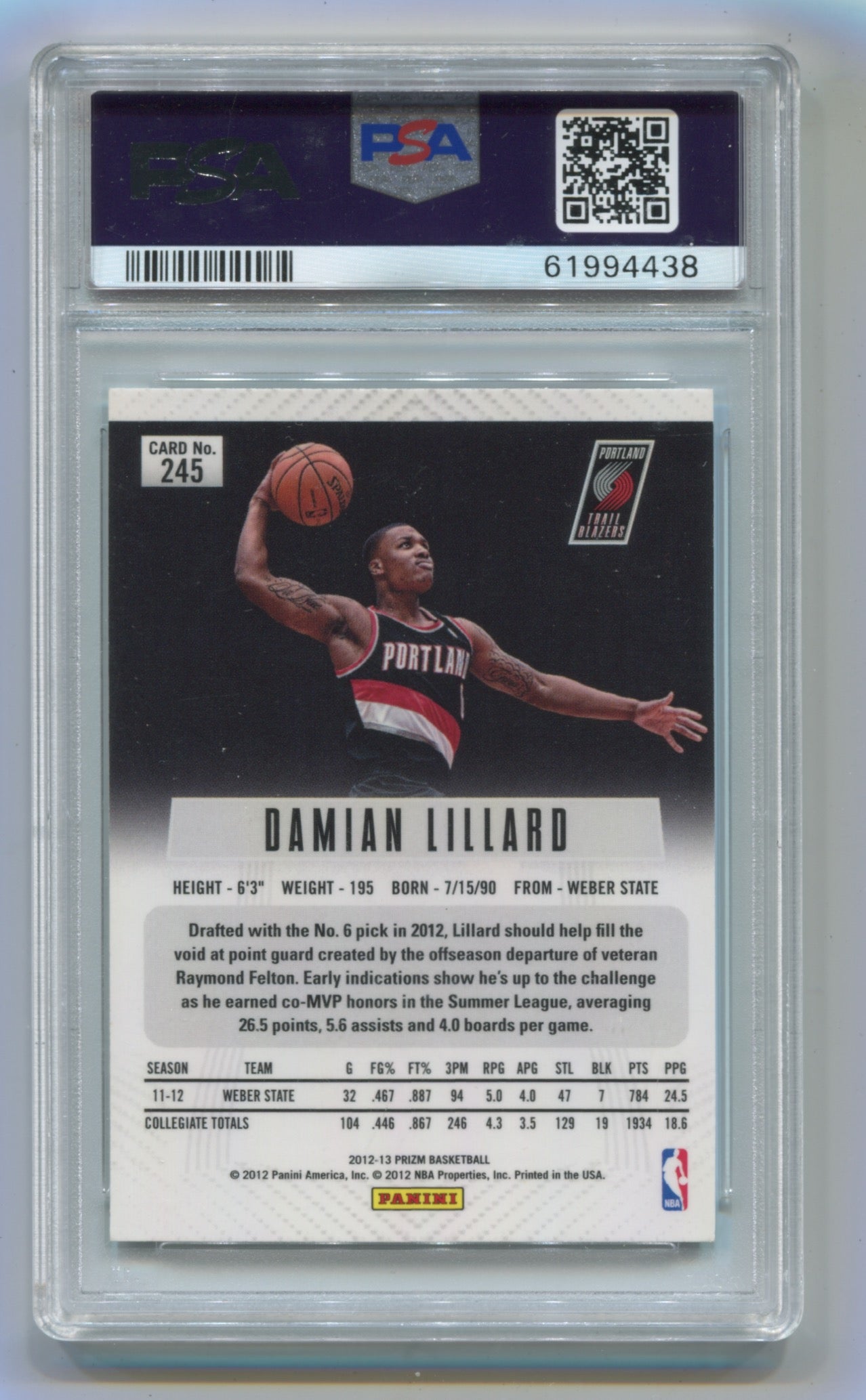 2012-13 Panini Prizm #245 Damian Lillard PSA 10 (Rookie)
