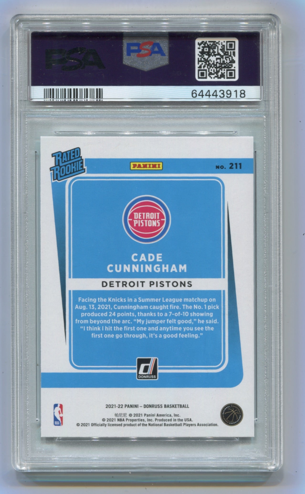 2021-22 Donruss #211 Cade Cunningham PSA 10 (Rookie)