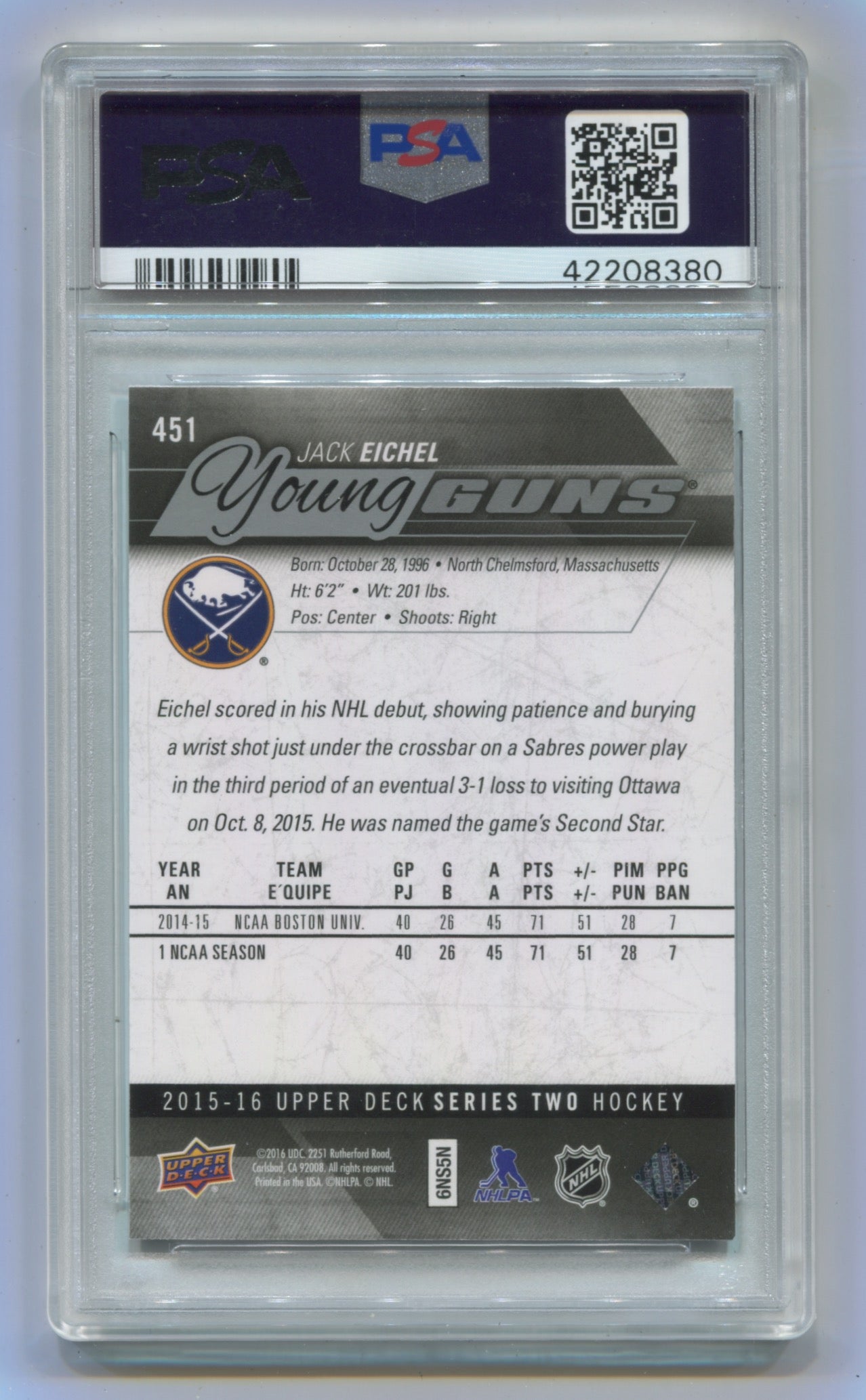 2015-16 Upper Deck #451 Jack Eichel PSA 9 (Rookie)