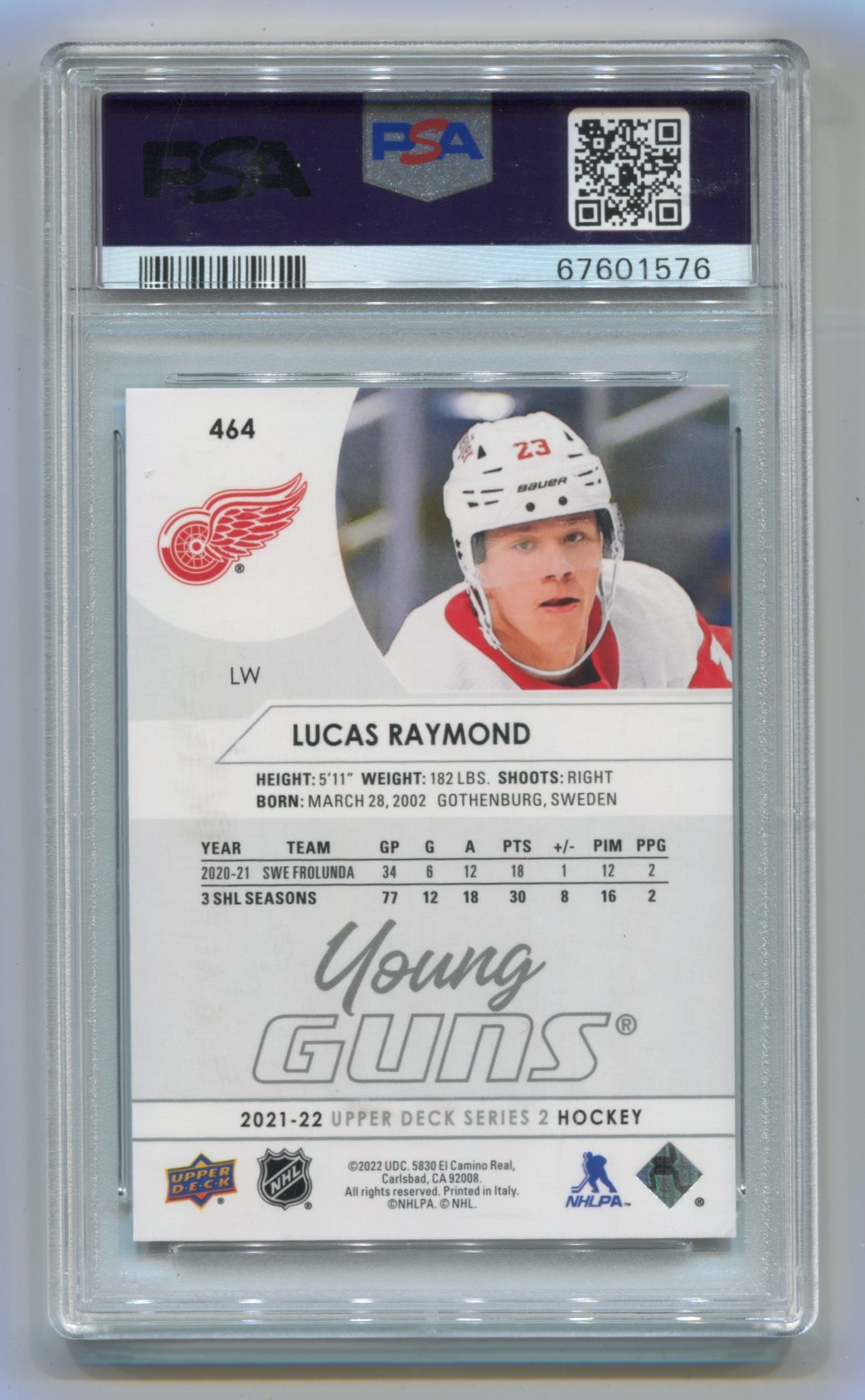2021-22 Upper Deck #464 Lucas Raymond PSA 10 (Rookie)