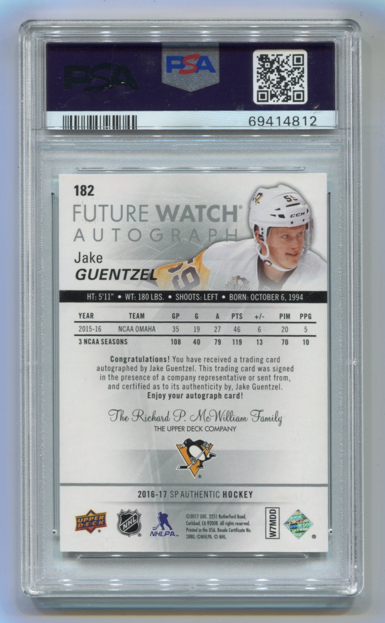 2016-17 SP Authentic #182 Jake Guentzel #062/999 PSA 10 (Rookie)