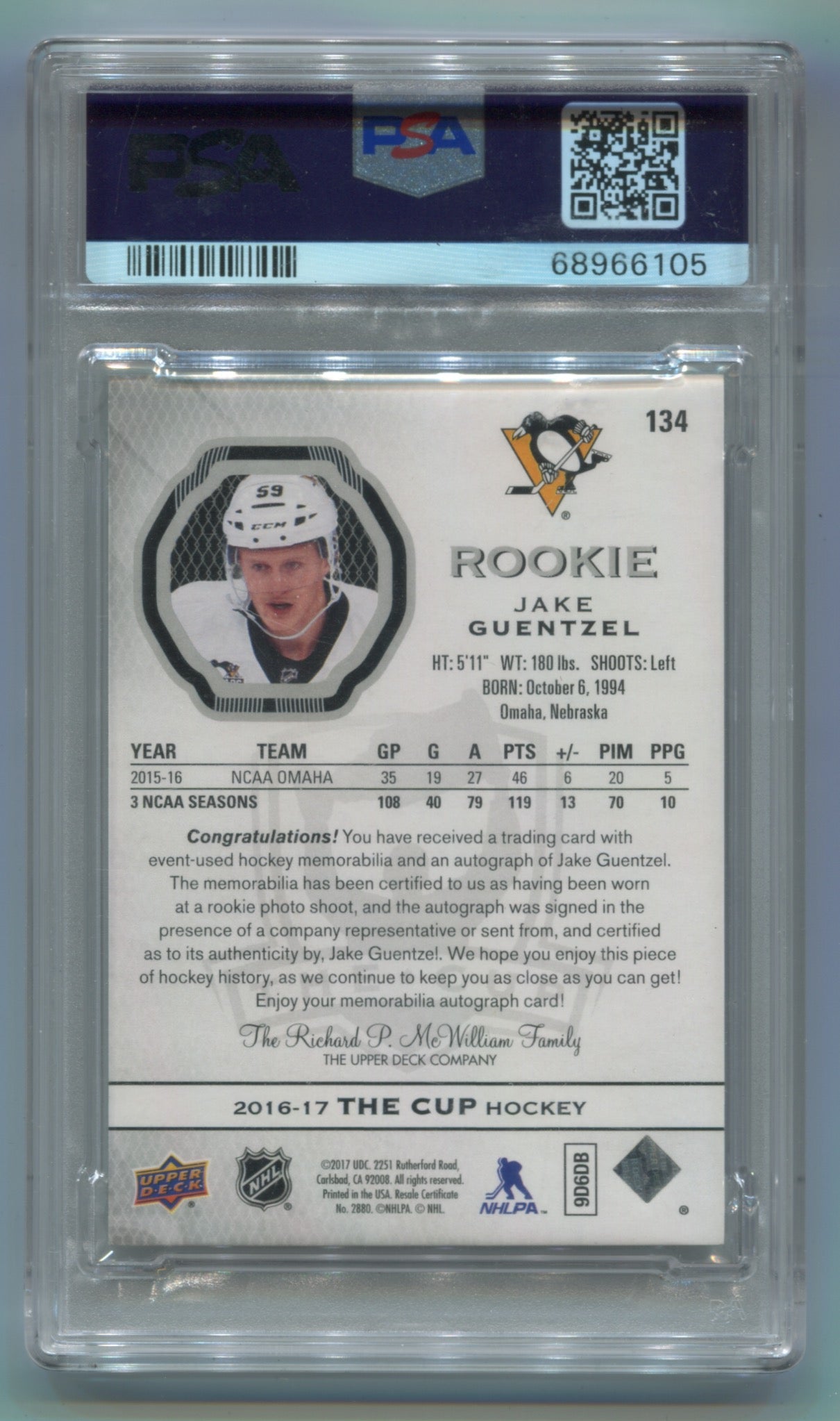 2016-17 Upper Deck The Cup #134 Jake Guentzel #018/249 PSA 10 (Rookie)