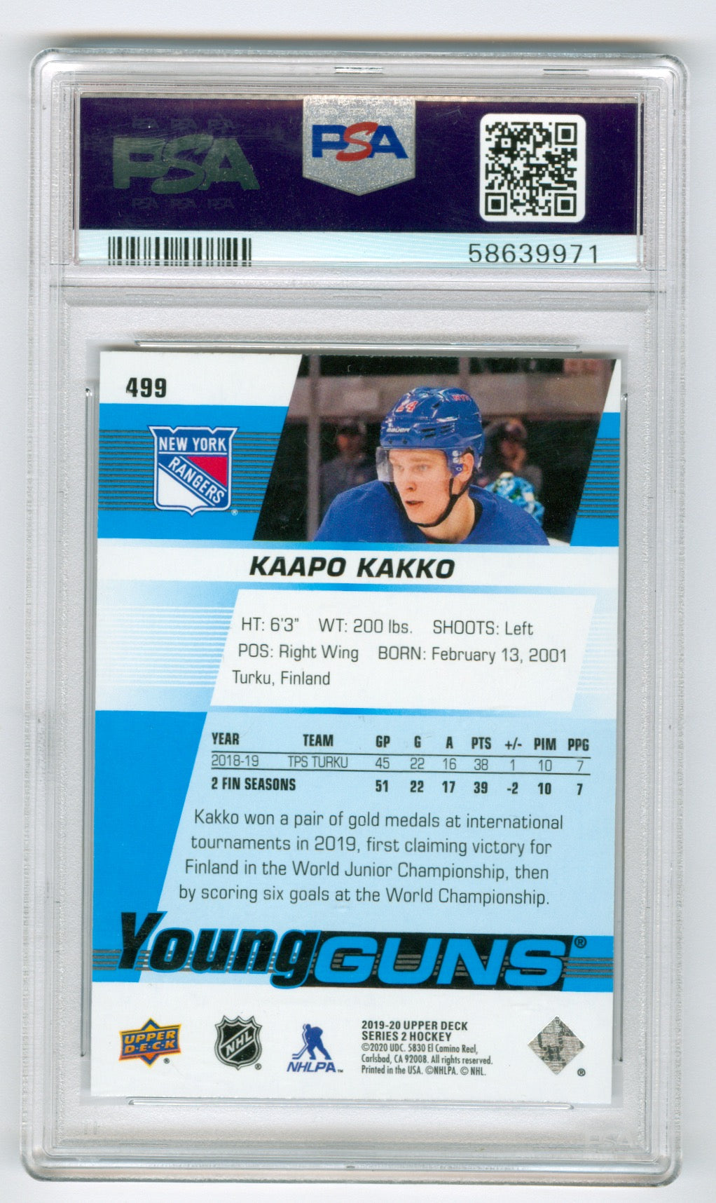 2019-20 Upper Deck #499 Kaapo Kakko PSA 9 (Rookie)