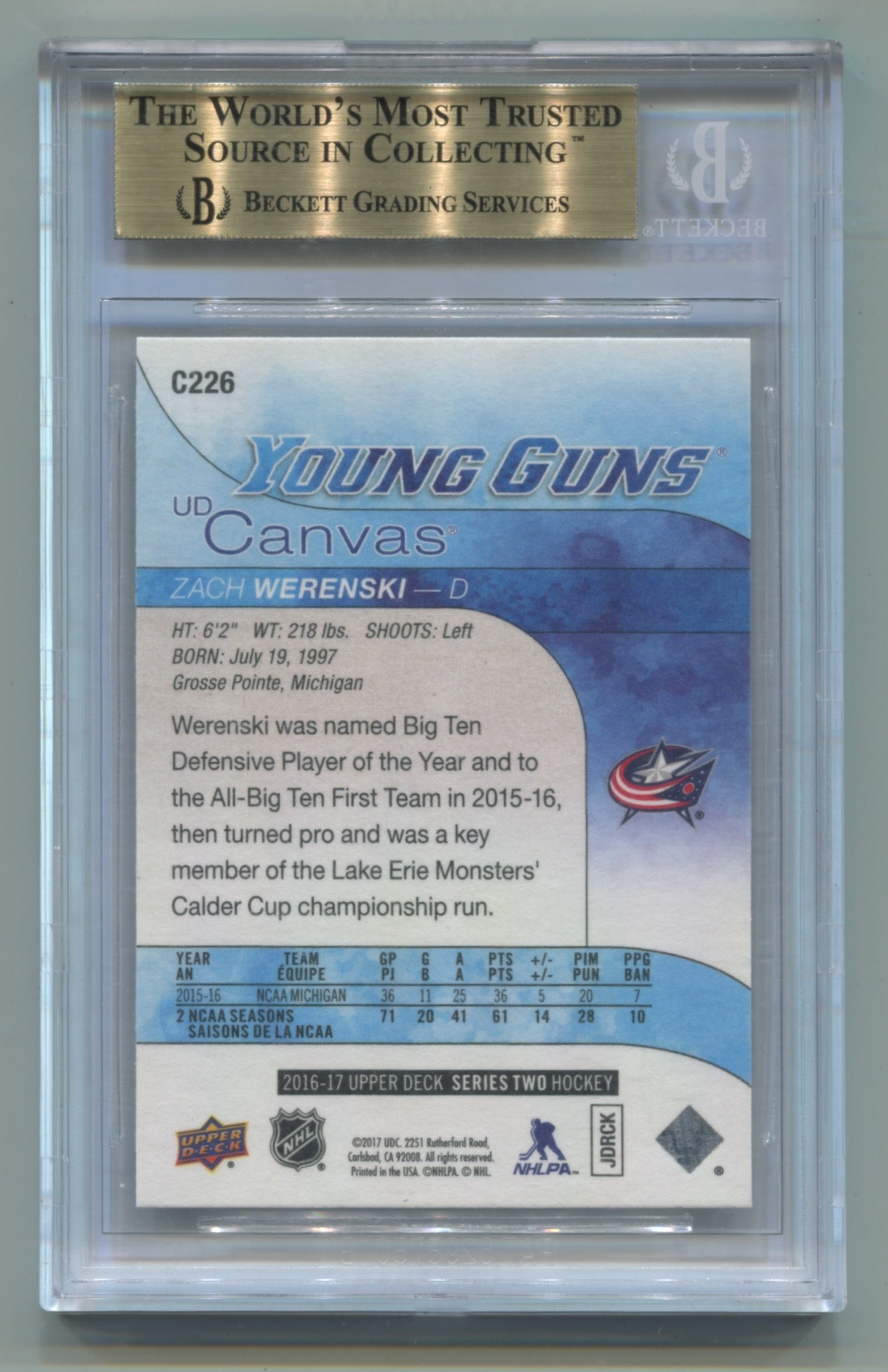 2016-17 Upper Deck Canvas #C226 Zach Werenski BGS 9.5 (Rookie)