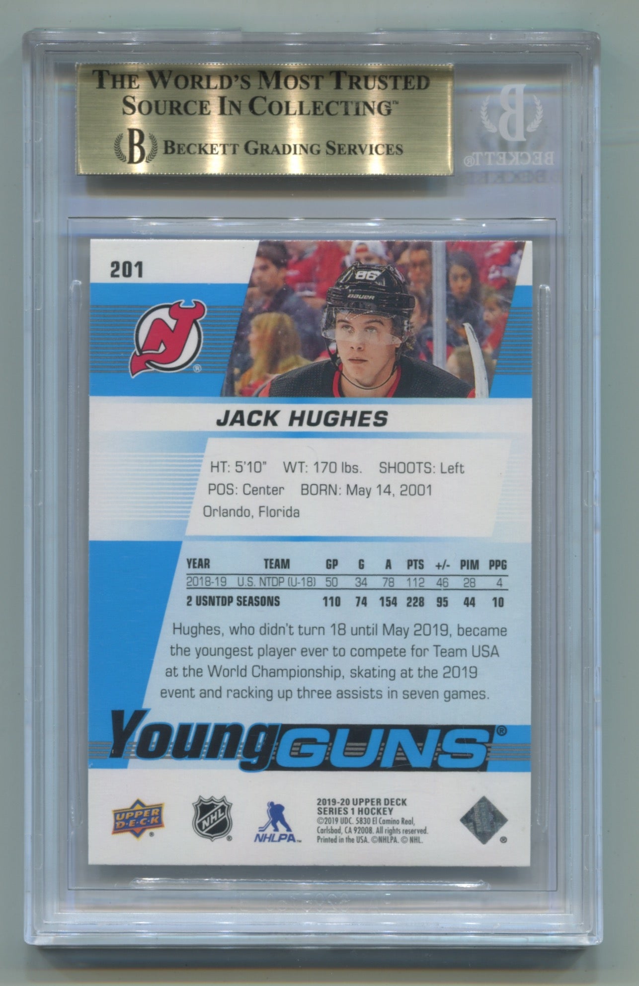 2019-20 Upper Deck #201 Jack Hughes BGS 10 (Rookie)