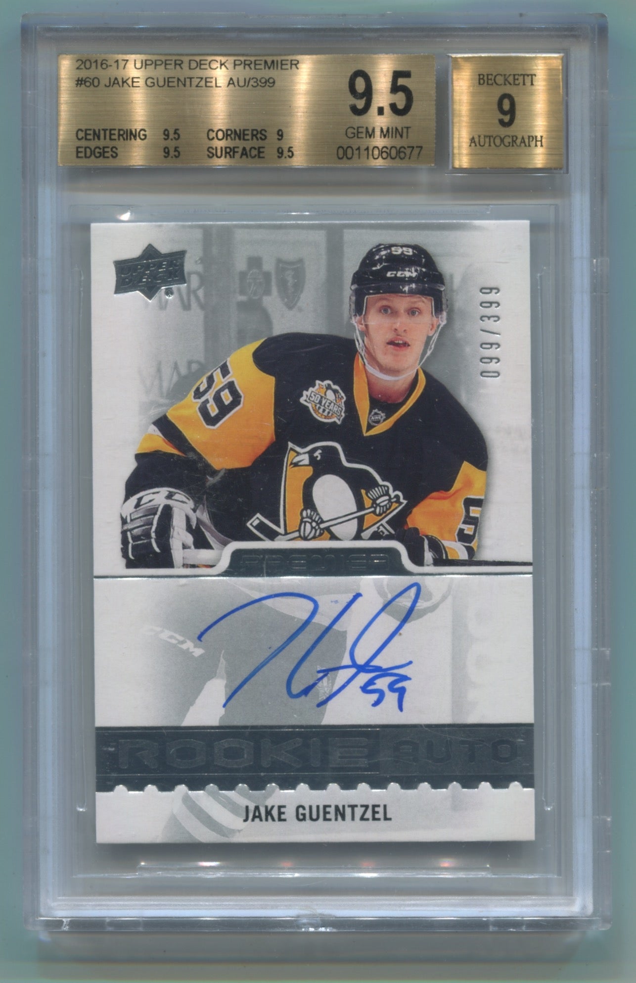 2016-17 Upper Deck Premier #60 Jake Guentzel #099/399 BGS 9.5 (Auto 9) (Rookie)
