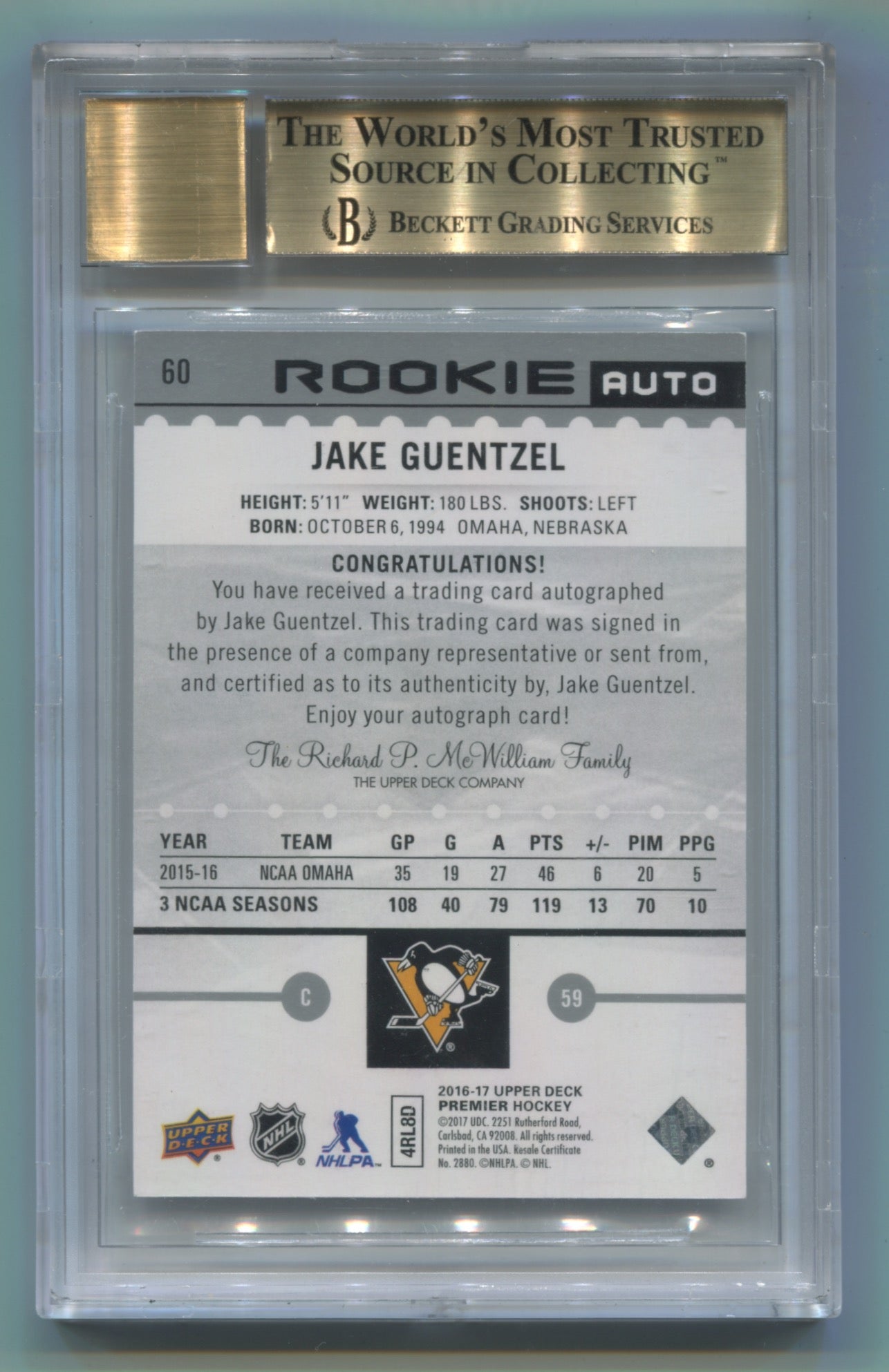 2016-17 Upper Deck Premier #60 Jake Guentzel #099/399 BGS 9.5 (Auto 9) (Rookie)