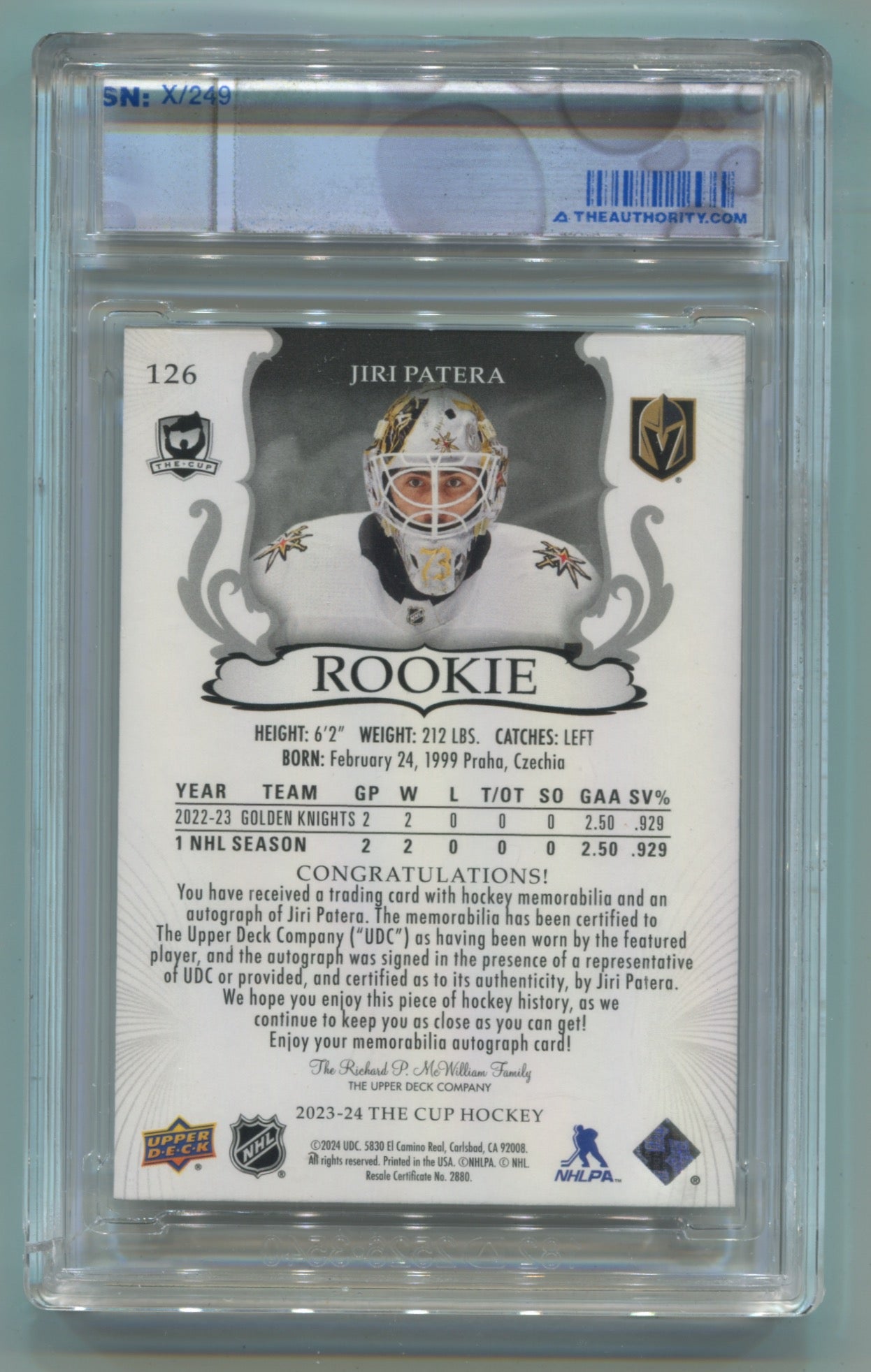 2023-24 Upper Deck The Cup #126 Jiri Patera #050/249 (Rookie)