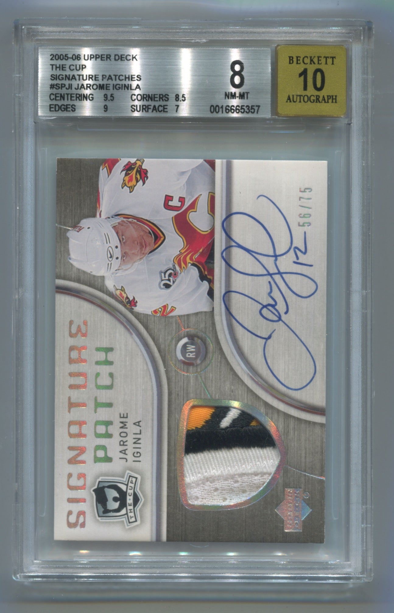 2005-06 Upper Deck The Cup Signature Patches #SPJI Jarome Iginla #56/75 BGS 8 (Auto 10)