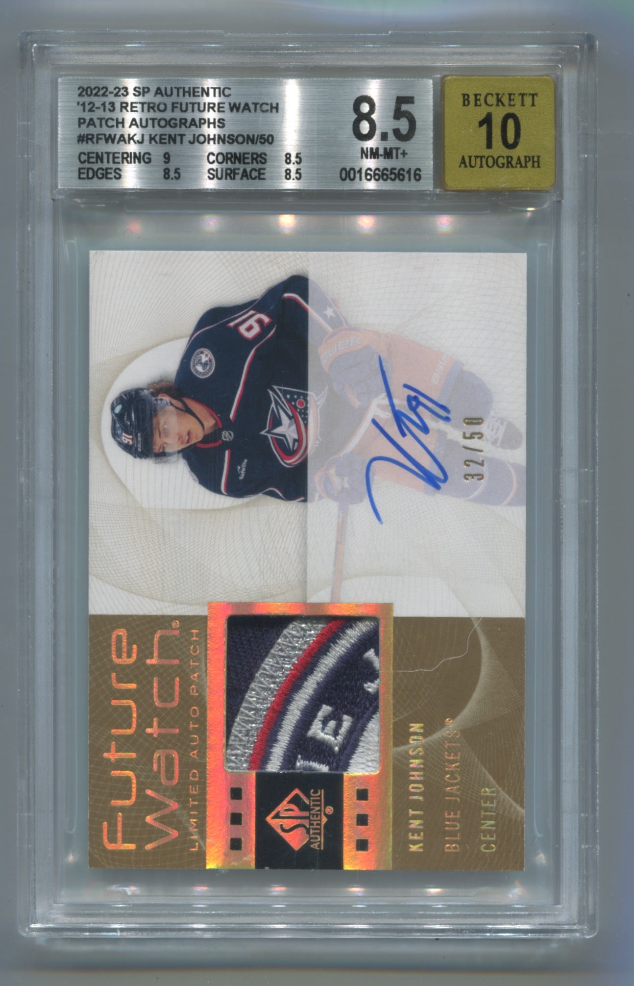 2022-23 SP Authentic '12-13 Retro Future Watch Patch Auto #RFWAKJ Kent Johnson #32/50 BGS 8.5 (Auto 10) (Rookie)