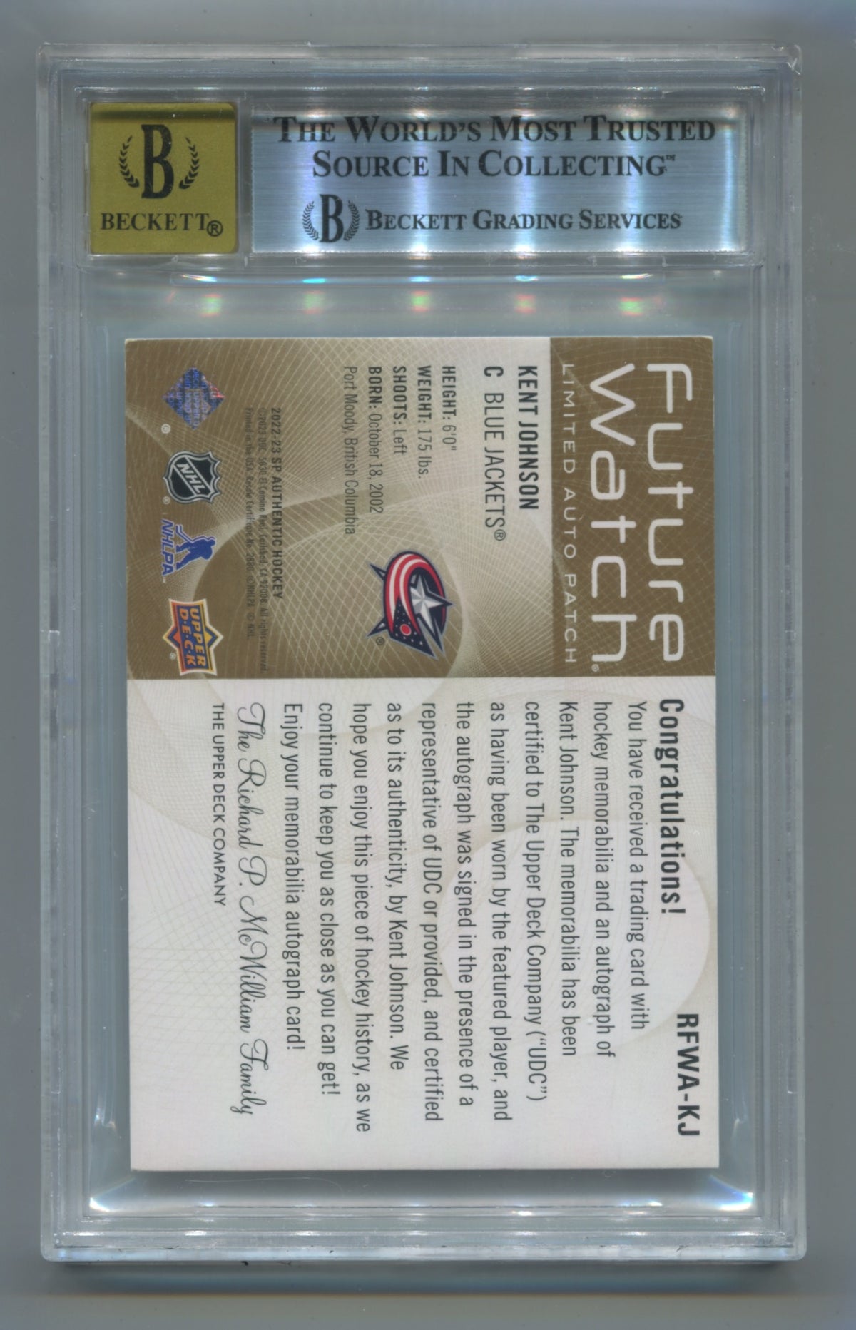 2022-23 SP Authentic '12-13 Retro Future Watch Patch Auto #RFWAKJ Kent Johnson #32/50 BGS 8.5 (Auto 10) (Rookie)