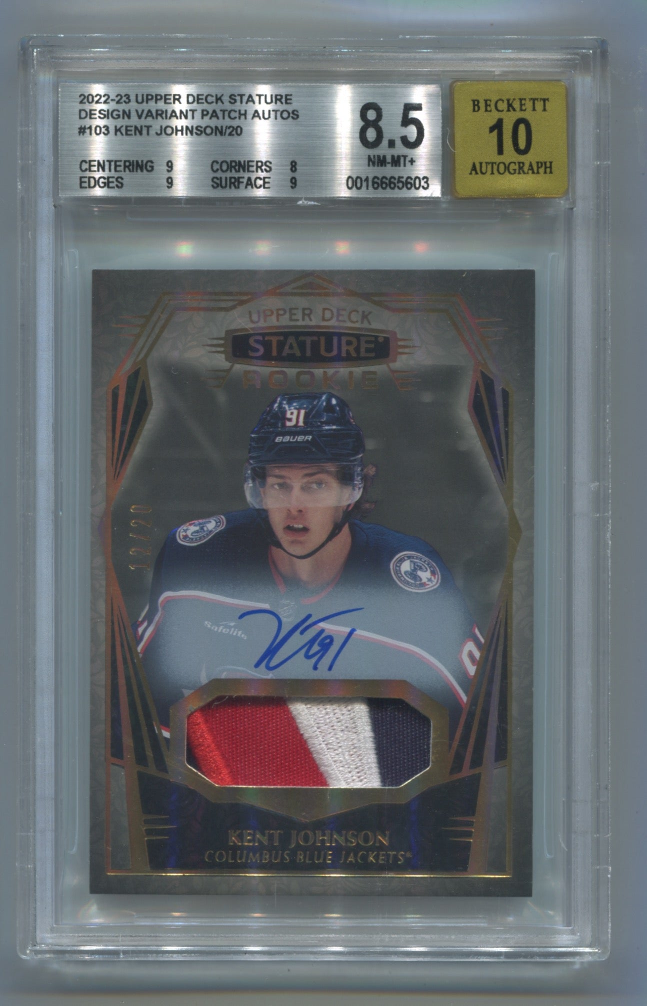 2022-23 Upper Deck Stature Design Variant Patch Autos #103 Kent Johnson #12/20 BGS 8.5 (Auto 10) (Rookie)