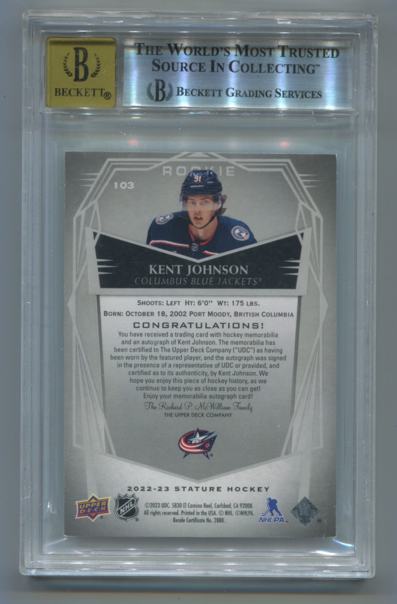 2022-23 Upper Deck Stature Design Variant Patch Autos #103 Kent Johnson #12/20 BGS 8.5 (Auto 10) (Rookie)