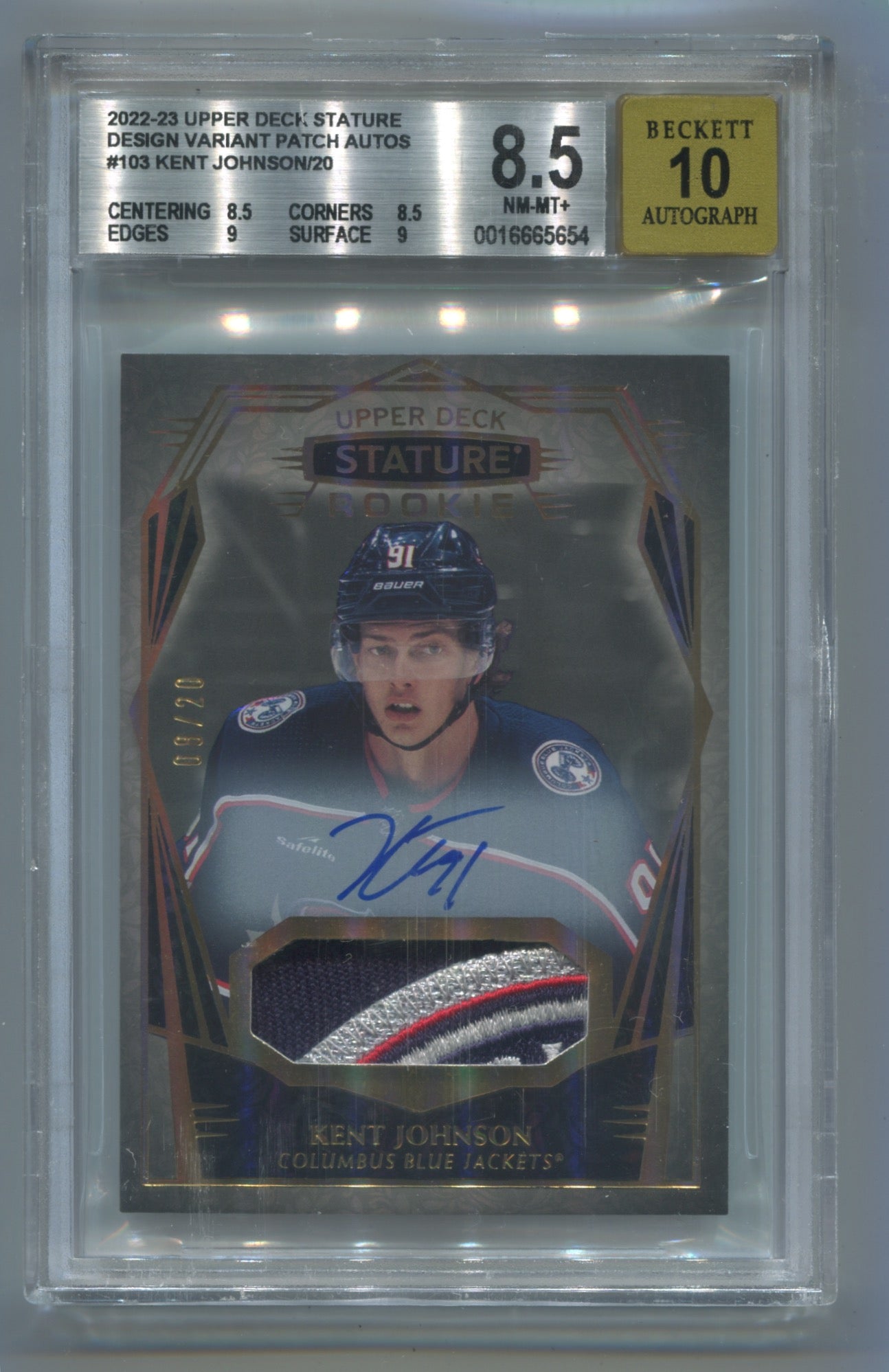 2022-23 Upper Deck Stature Design Variant Patch Autos #103 Kent Johnson #08/20 BGS 8.5 (Auto 10) (Rookie)