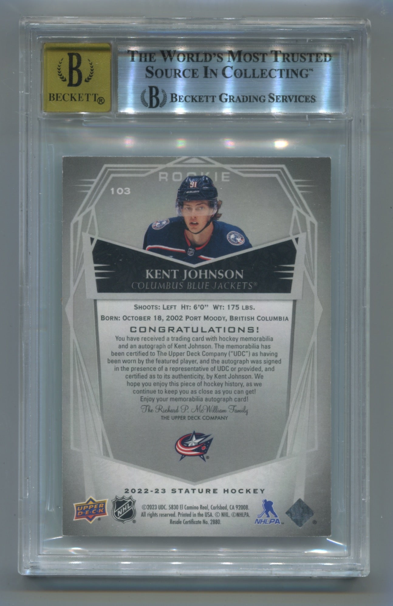 2022-23 Upper Deck Stature Design Variant Patch Autos #103 Kent Johnson #08/20 BGS 8.5 (Auto 10) (Rookie)