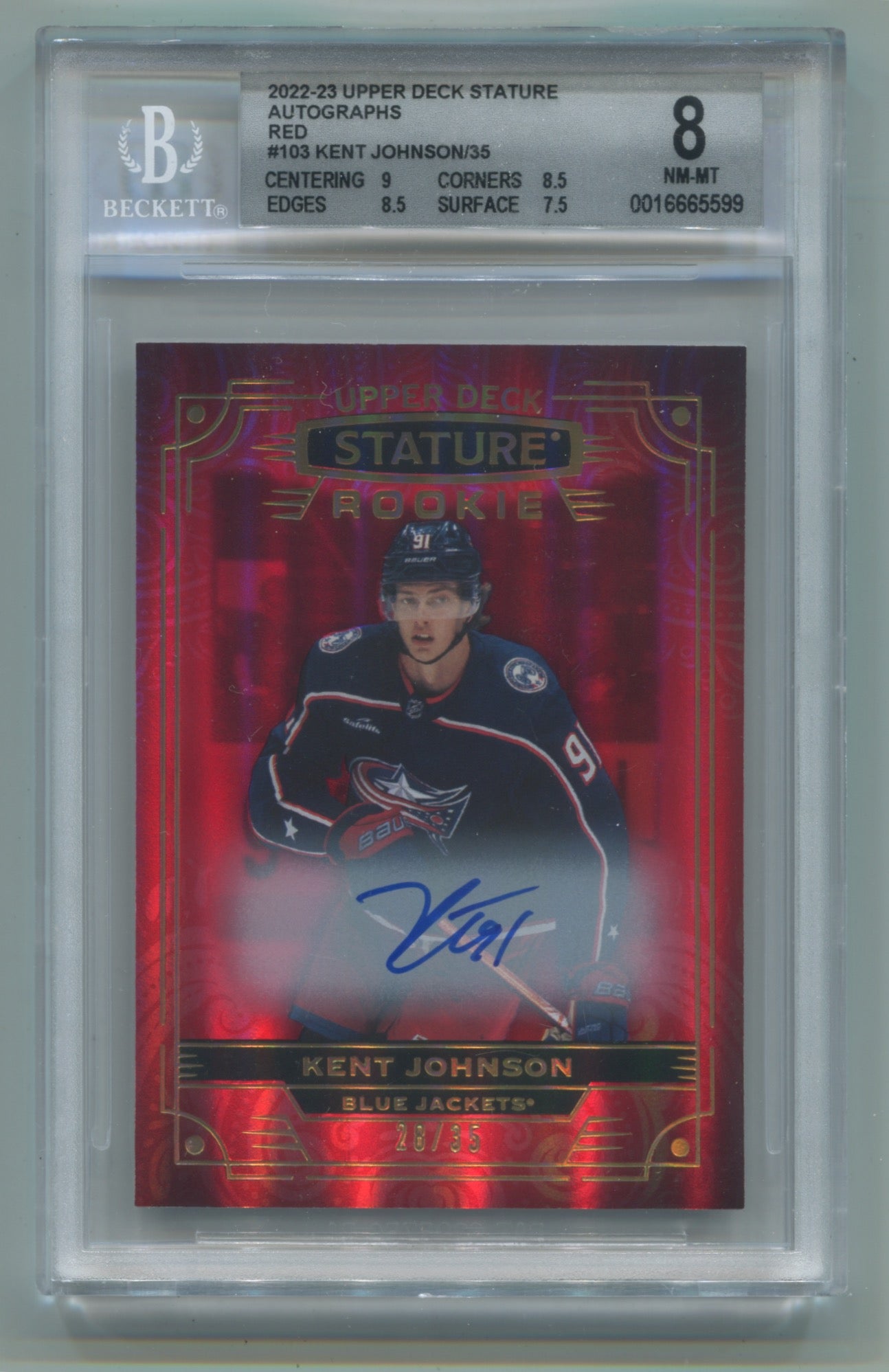 2022-23 Upper Deck Stature Autographs Red #103 Kent Johnson #28/35 BGS 8 (Auto 10) (Rookie)