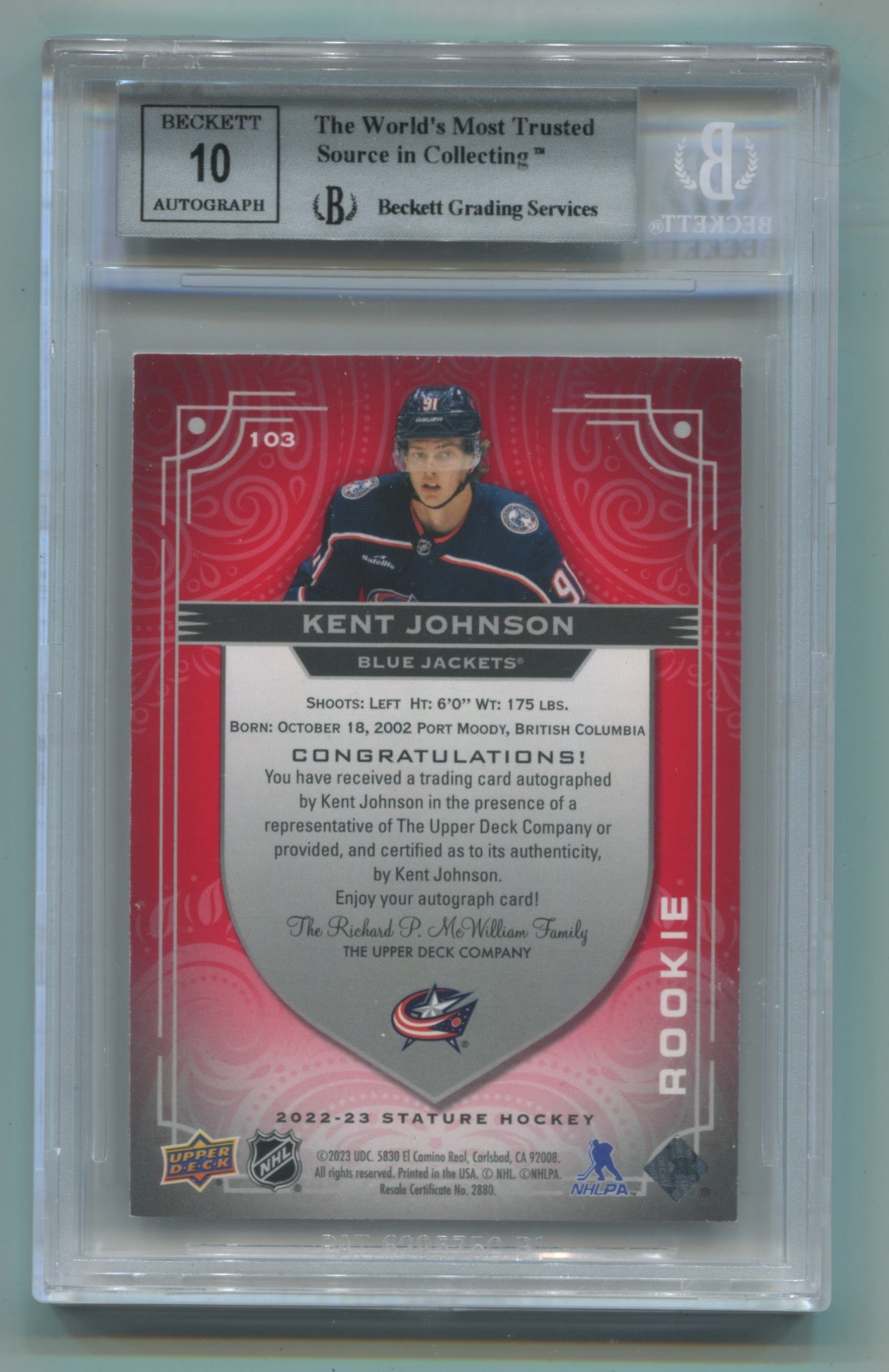 2022-23 Upper Deck Stature Autographs Red #103 Kent Johnson #28/35 BGS 8 (Auto 10) (Rookie)