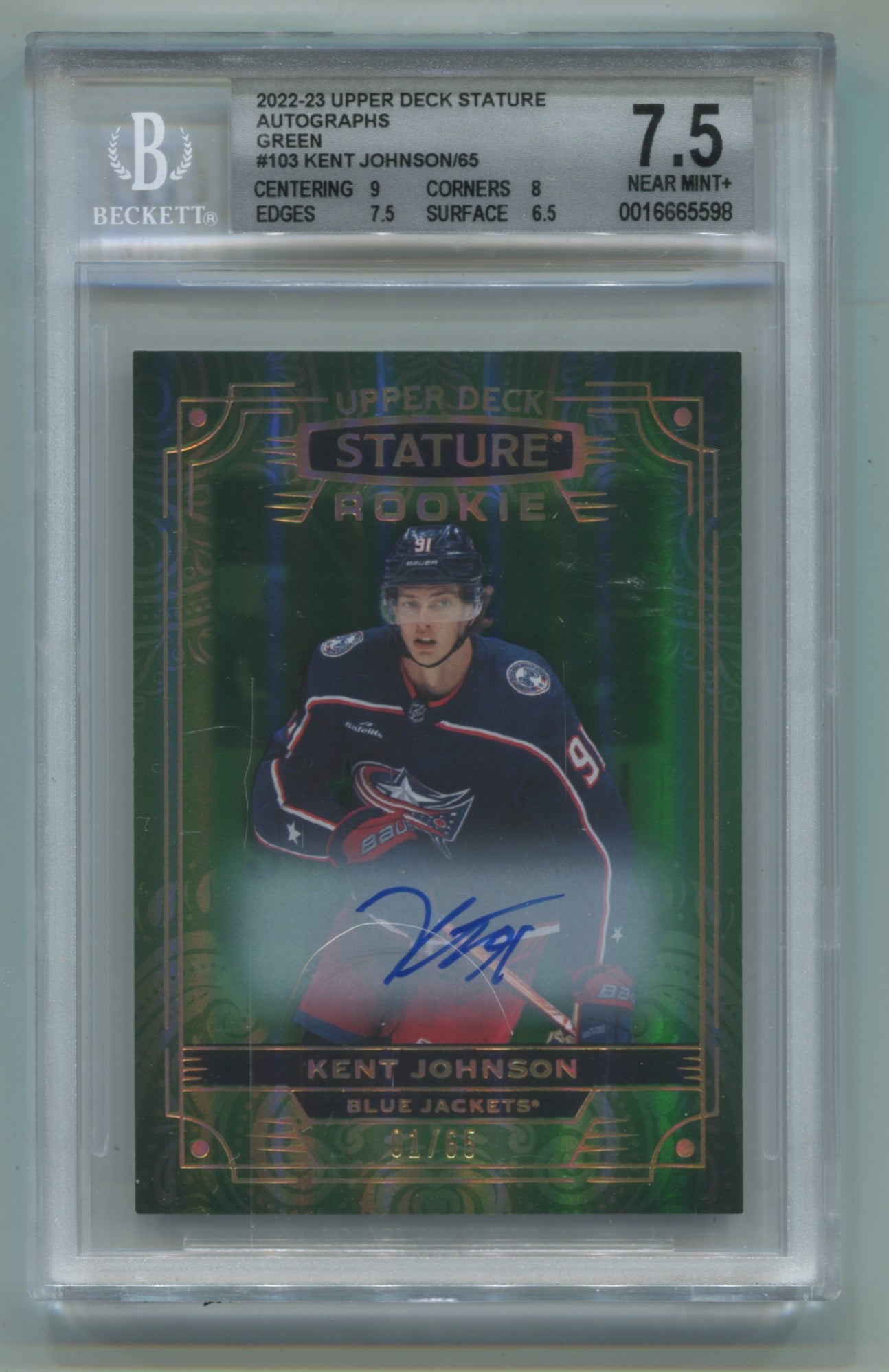 2022-23 Upper Deck Stature Autographs Green #103 Kent Johnson #01/65 BGS 7.5 (Auto 10) (Rookie)