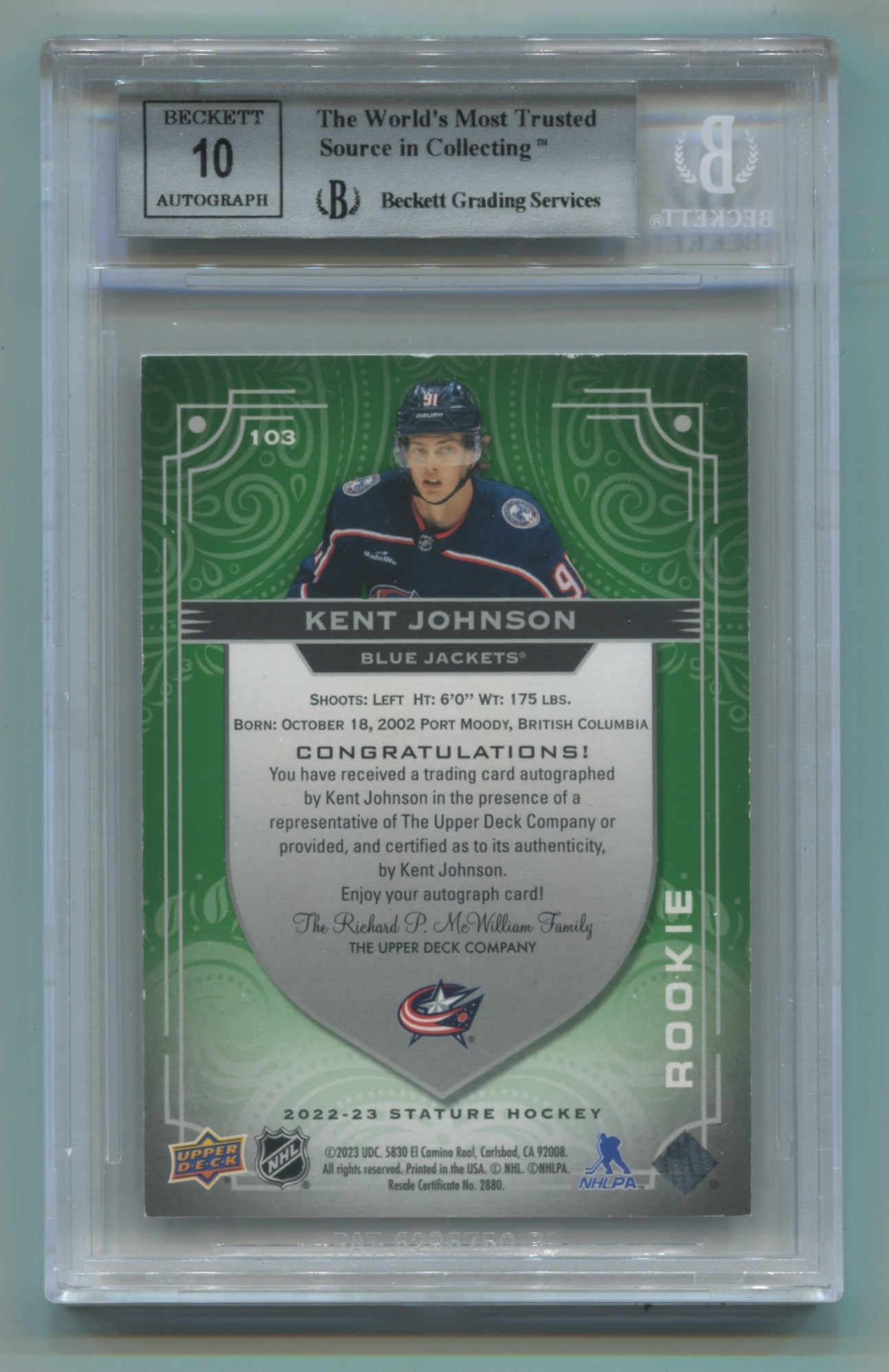 2022-23 Upper Deck Stature Autographs Green #103 Kent Johnson #01/65 BGS 7.5 (Auto 10) (Rookie)