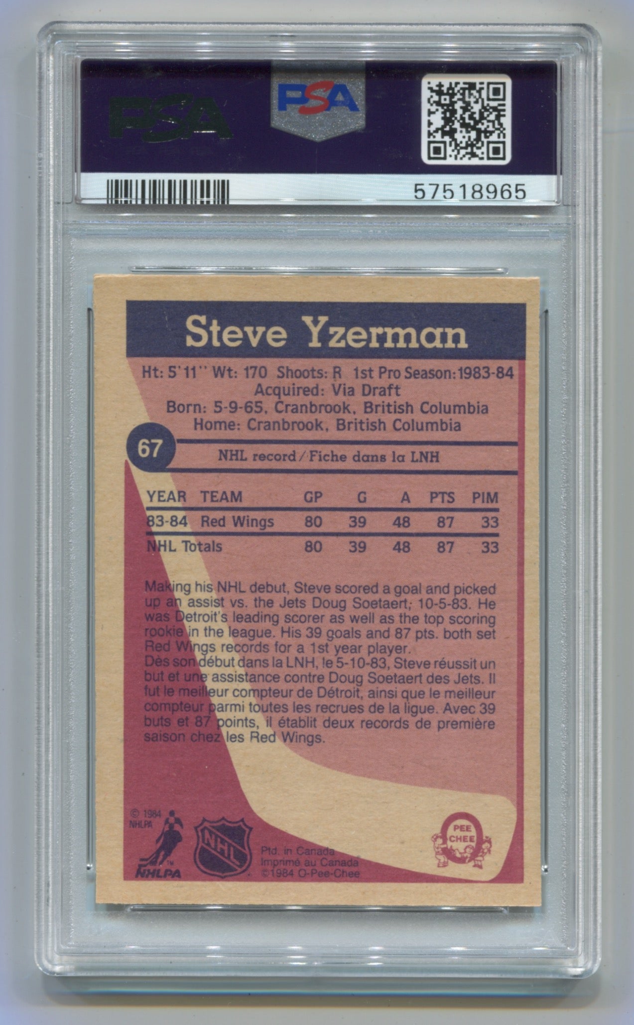 1984-85 O-Pee-Chee #67 Steve Yzerman PSA 7 (Rookie)
