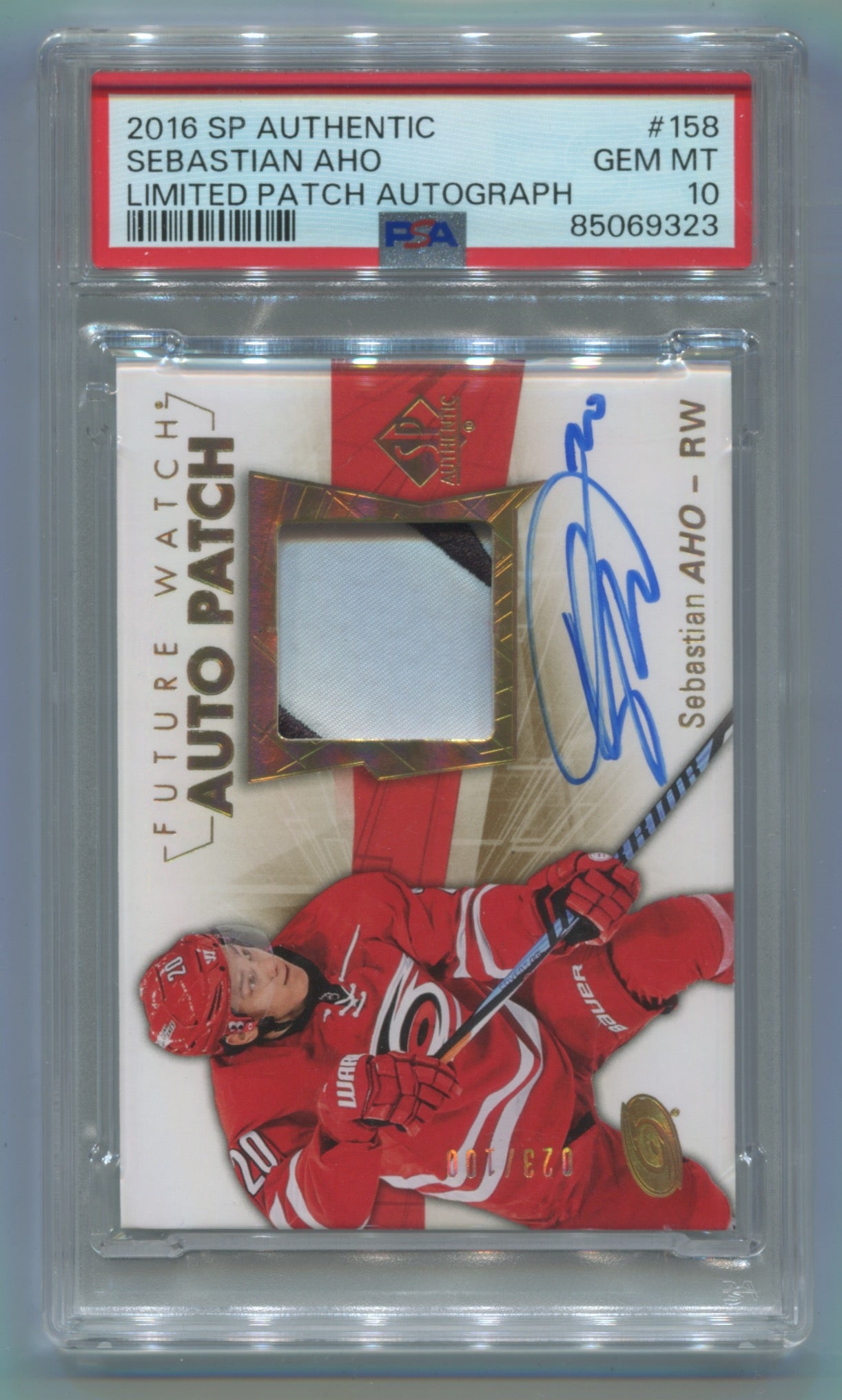 2016-17 SP Authentic Future Watch Auto Patch #158 Sebastian Aho #023/100 PSA 10 (Rookie)