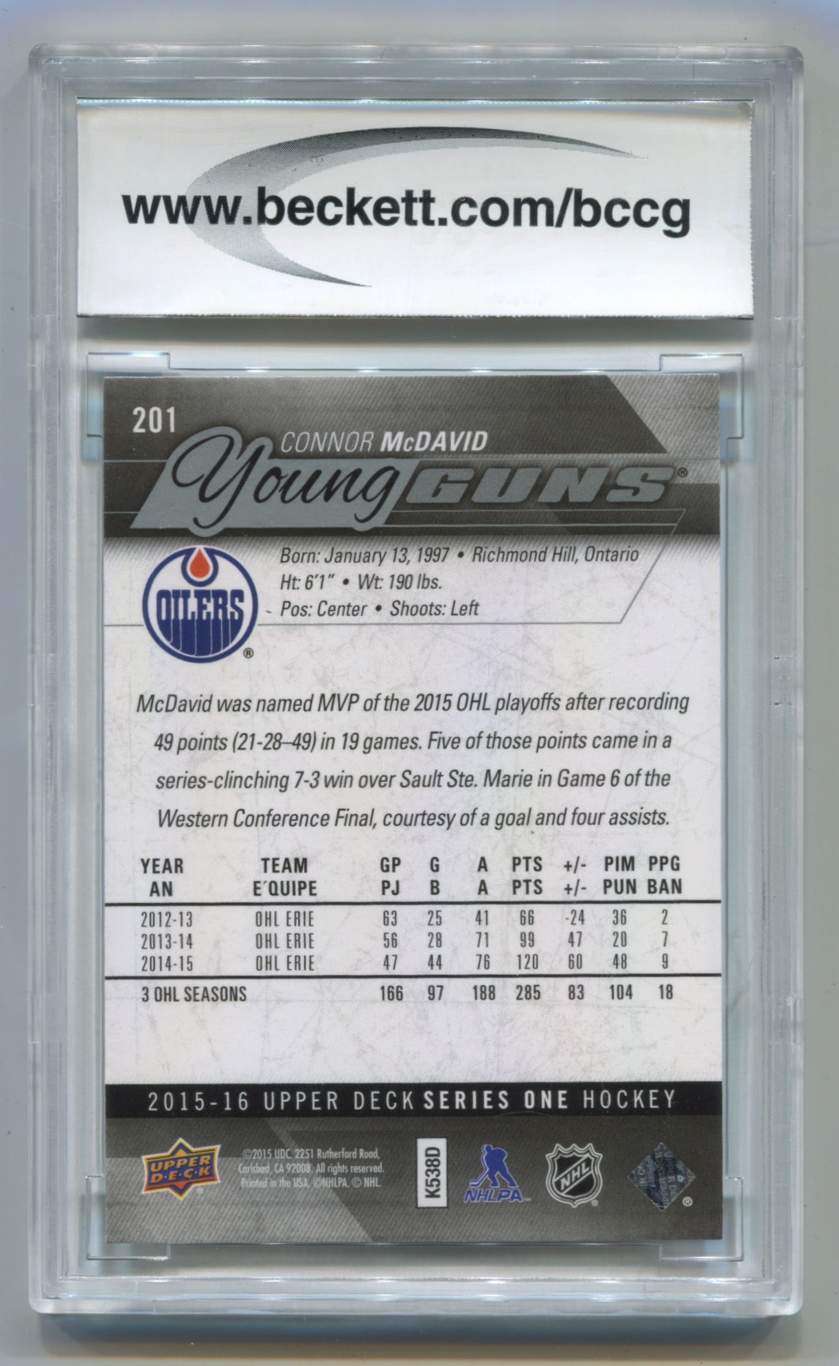 2015-16 Upper Deck #201 Connor McDavid BCCG 10 (Rookie)