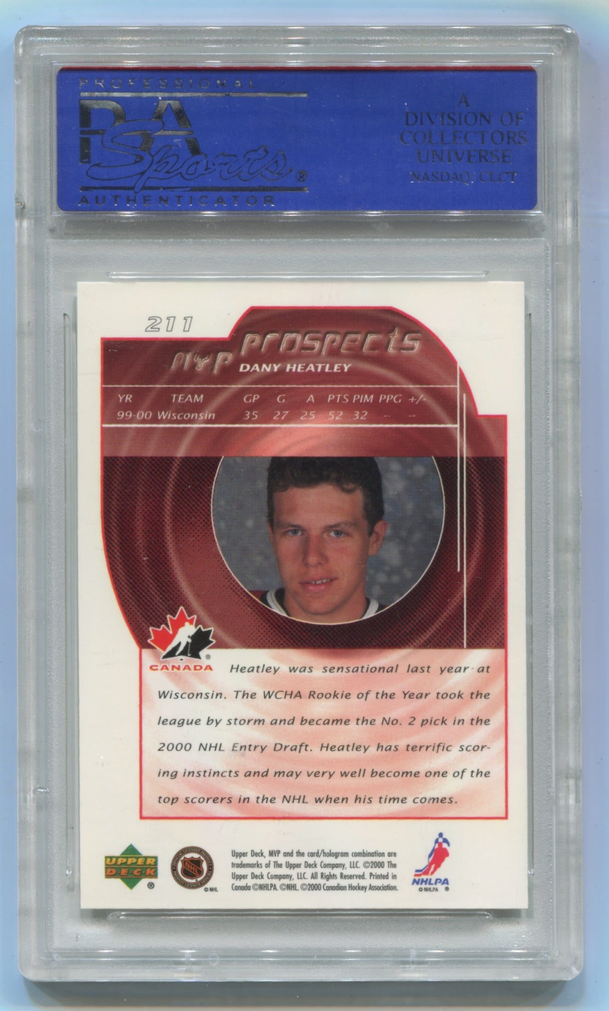 2000-01 Upper Deck MVP #211 Dany Heatley PSA 10 (Rookie)
