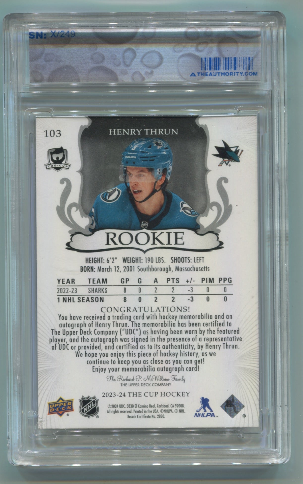 2023-24 Upper Deck The Cup #103 Henry Thrun #057/249 (Rookie)