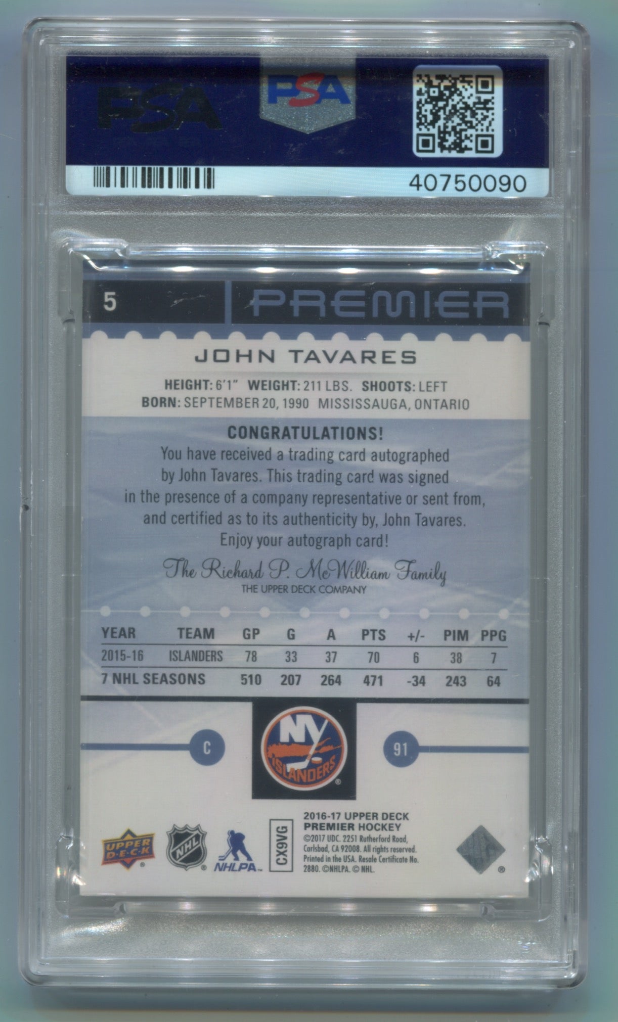 2016-17 UD Premier Blue Platinum Spectrum Auto #5 John Tavares #2/5 PSA 10 (Auto 10)