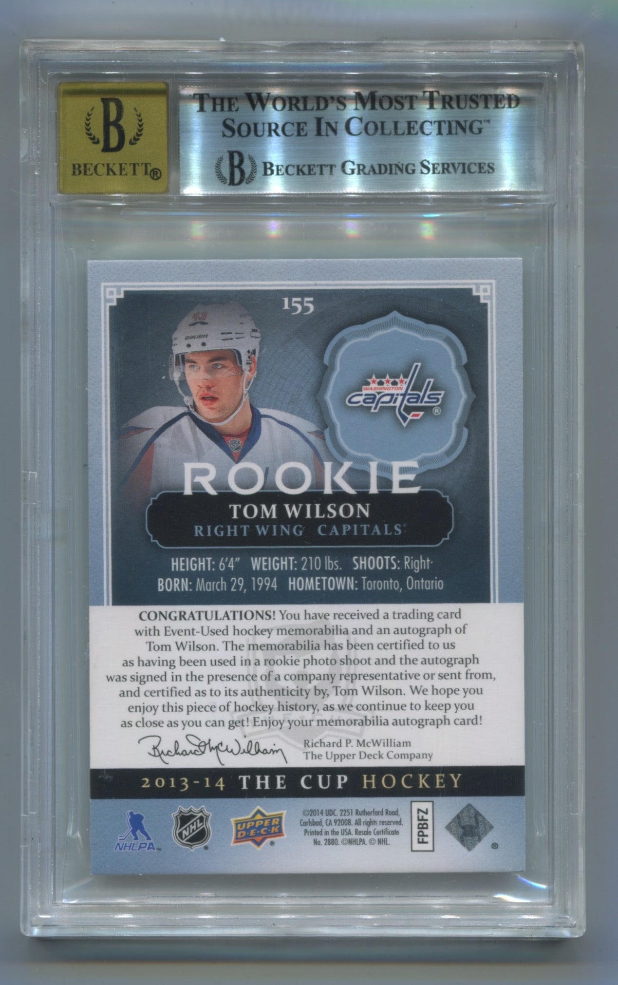 2013-14 Upper Deck The Cup Gold Rainbow #155 Tom Wilson #31/43 BGS 8.5 (Auto 10) (Rookie)