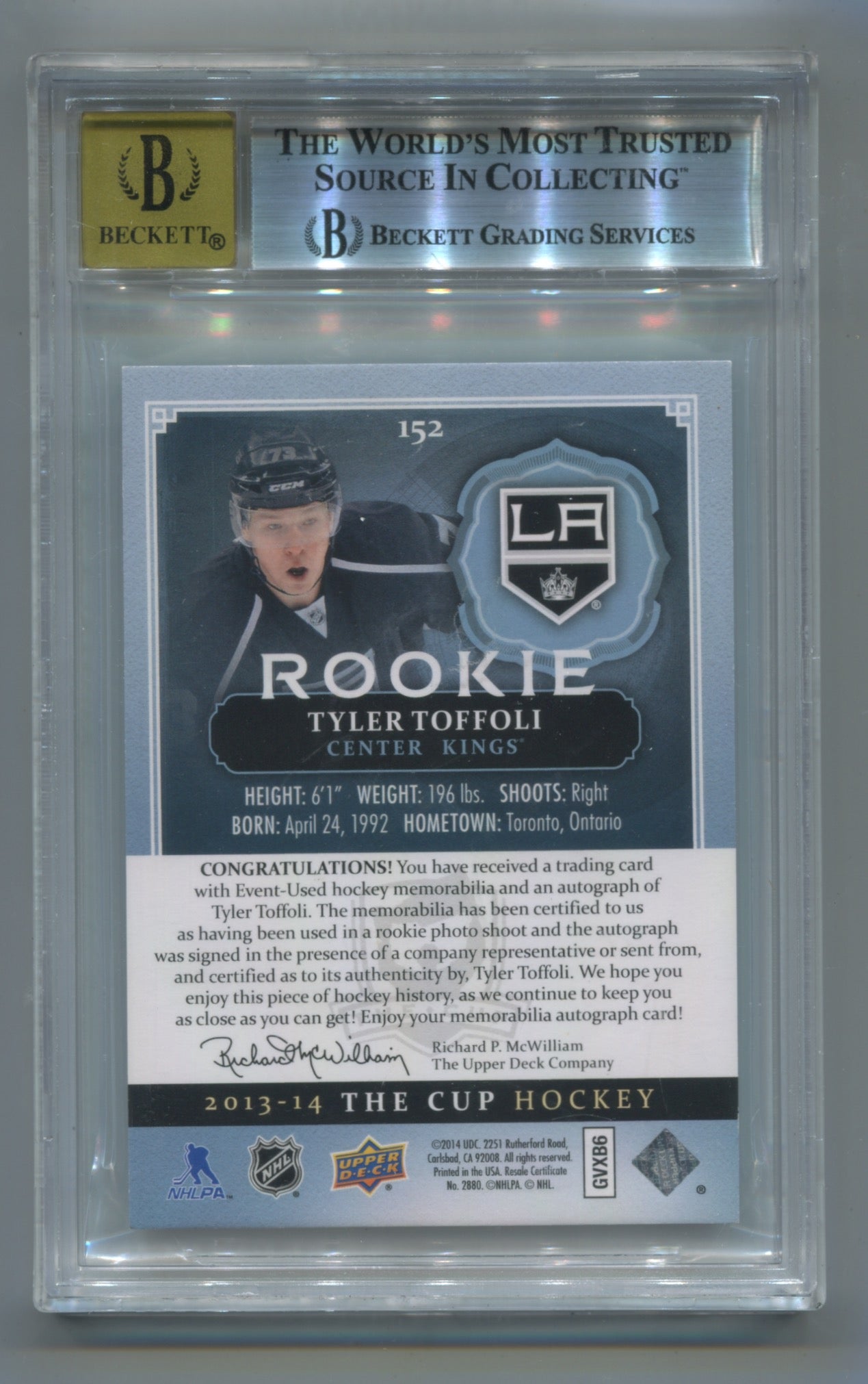 2013-14 Upper Deck The Cup Gold Rainbow #152 Tyler Toffoli #14/73 BGS 8.5 (Auto 10) (Rookie)
