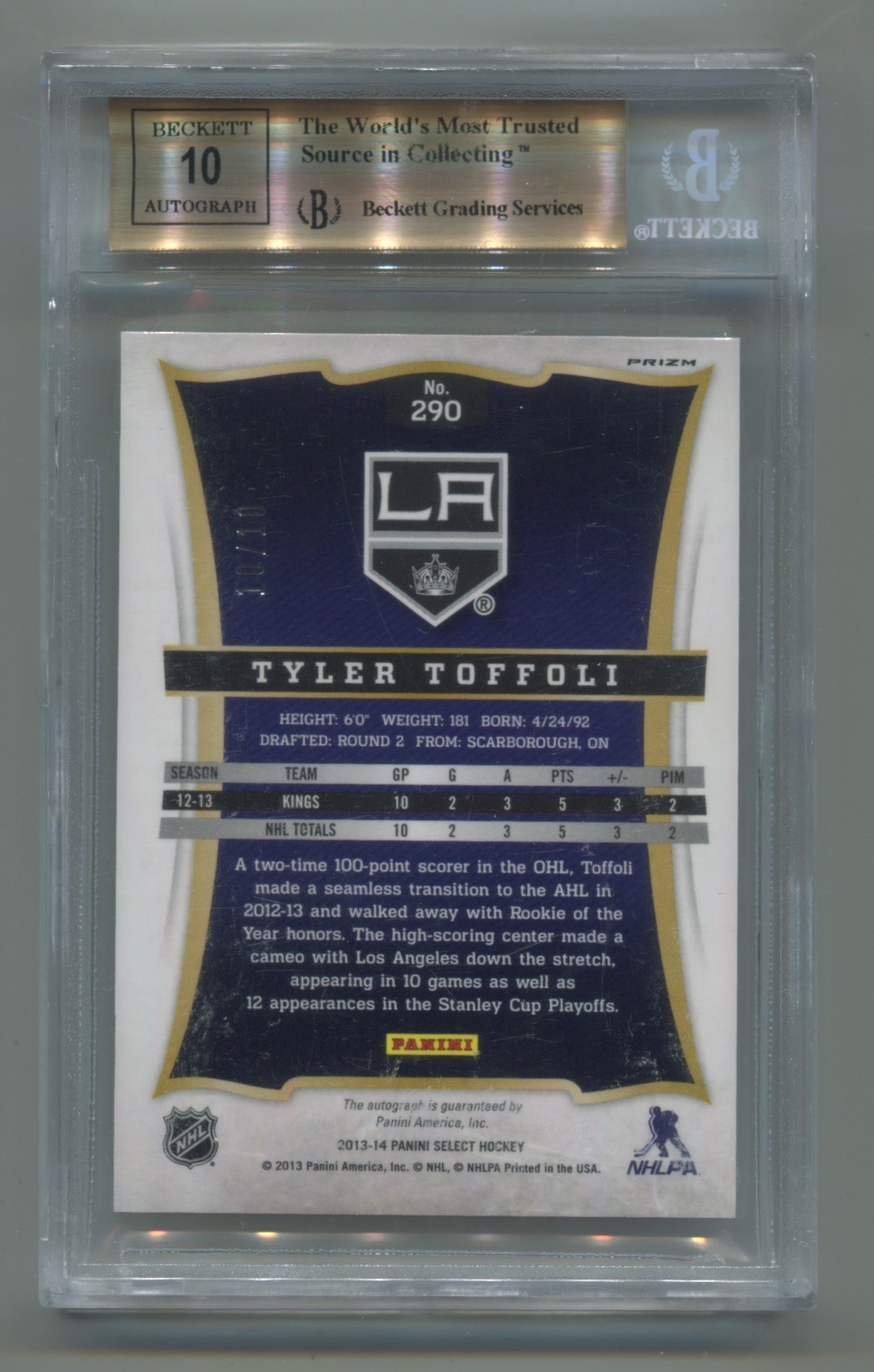 2013-14 Panini Select Gold Prizm Auto #290 Tyler Toffoli #10/10 BGS 9.5 (Auto 10) (Rookie)