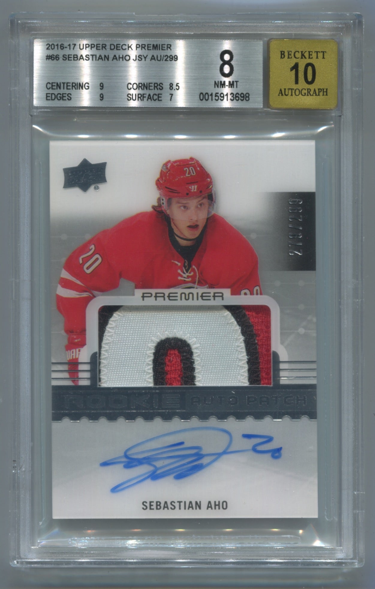 2016-17 Upper Deck Premier #66 Sebastian Aho #279/299 BGS 8 (Auto 10) (Rookie)